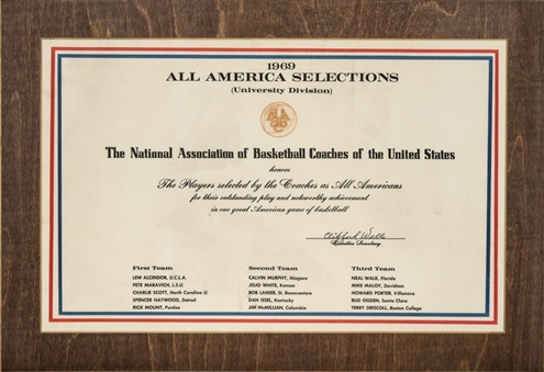 1969 All America Selections University Division Plaque Presented To Lew Alcindor (Abdul-Jabbar LOA)